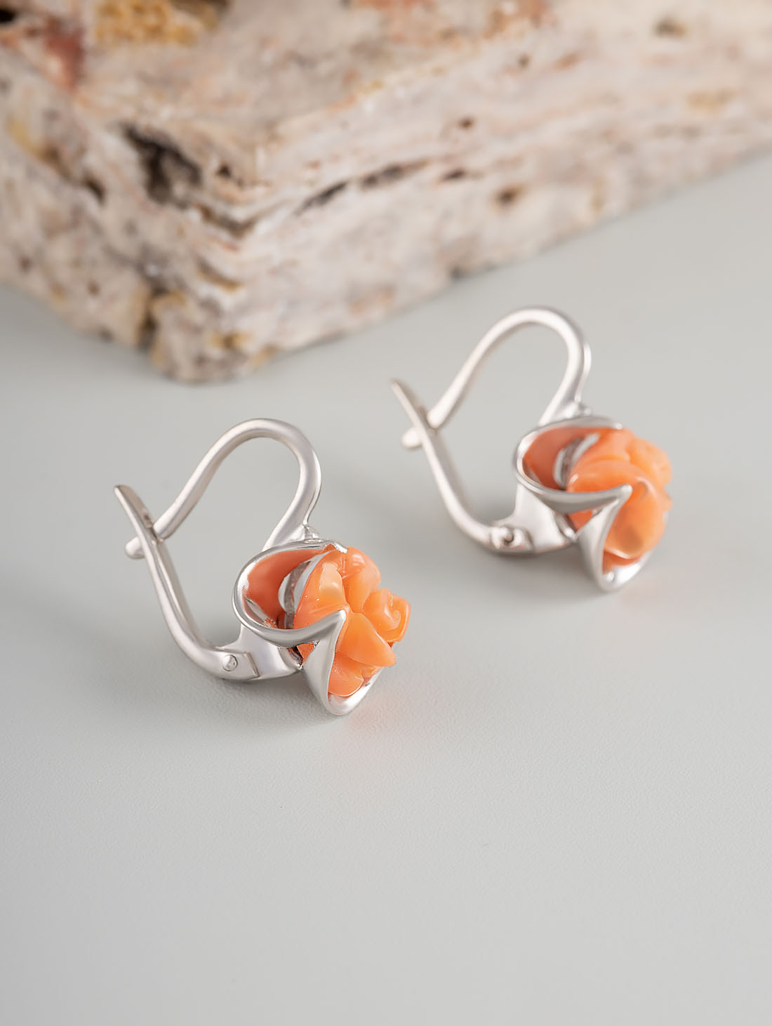 1274R Коралл узор Серьги (Ag 925)