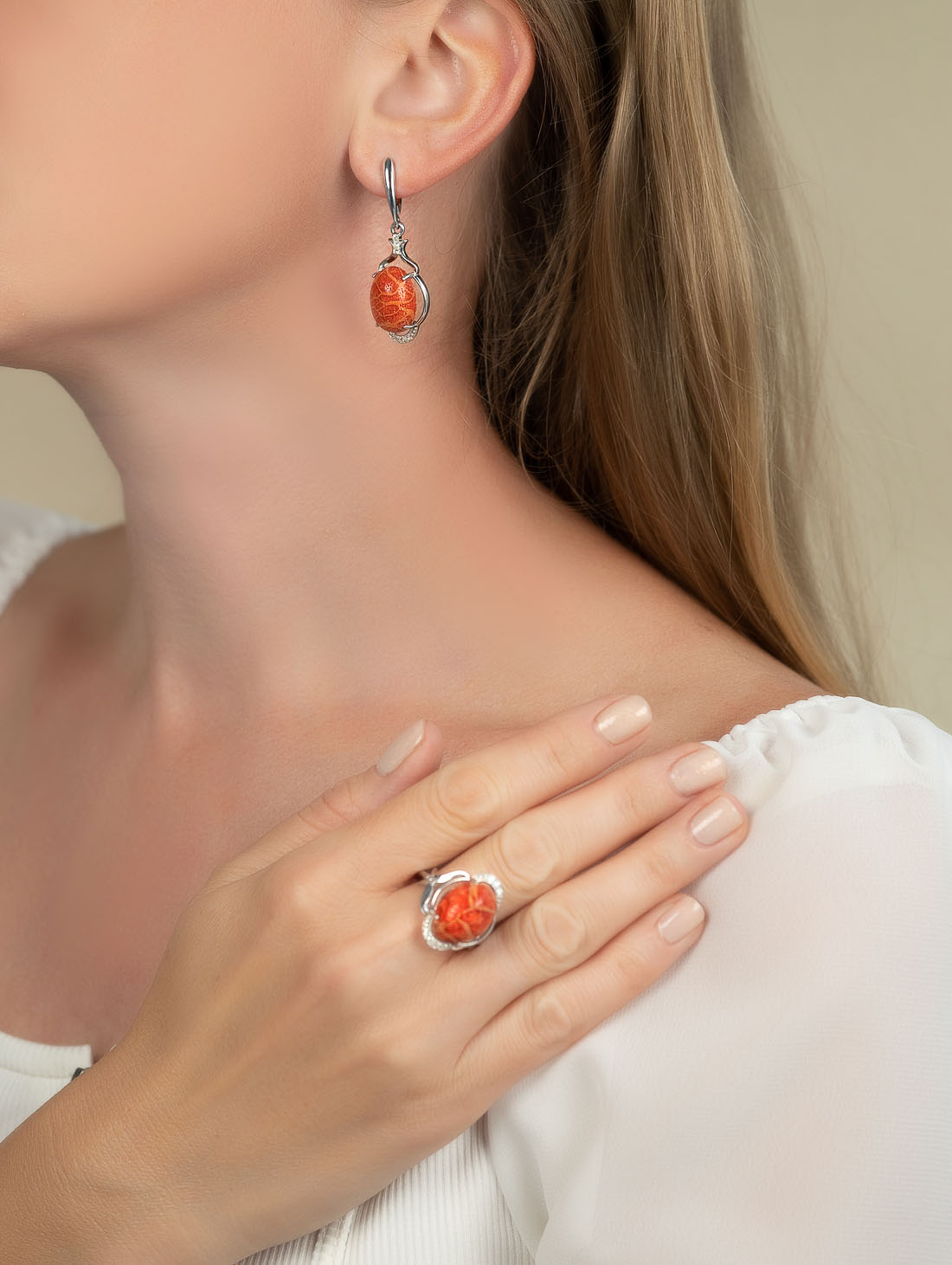 1552R Коралл Серьги (Ag 925)