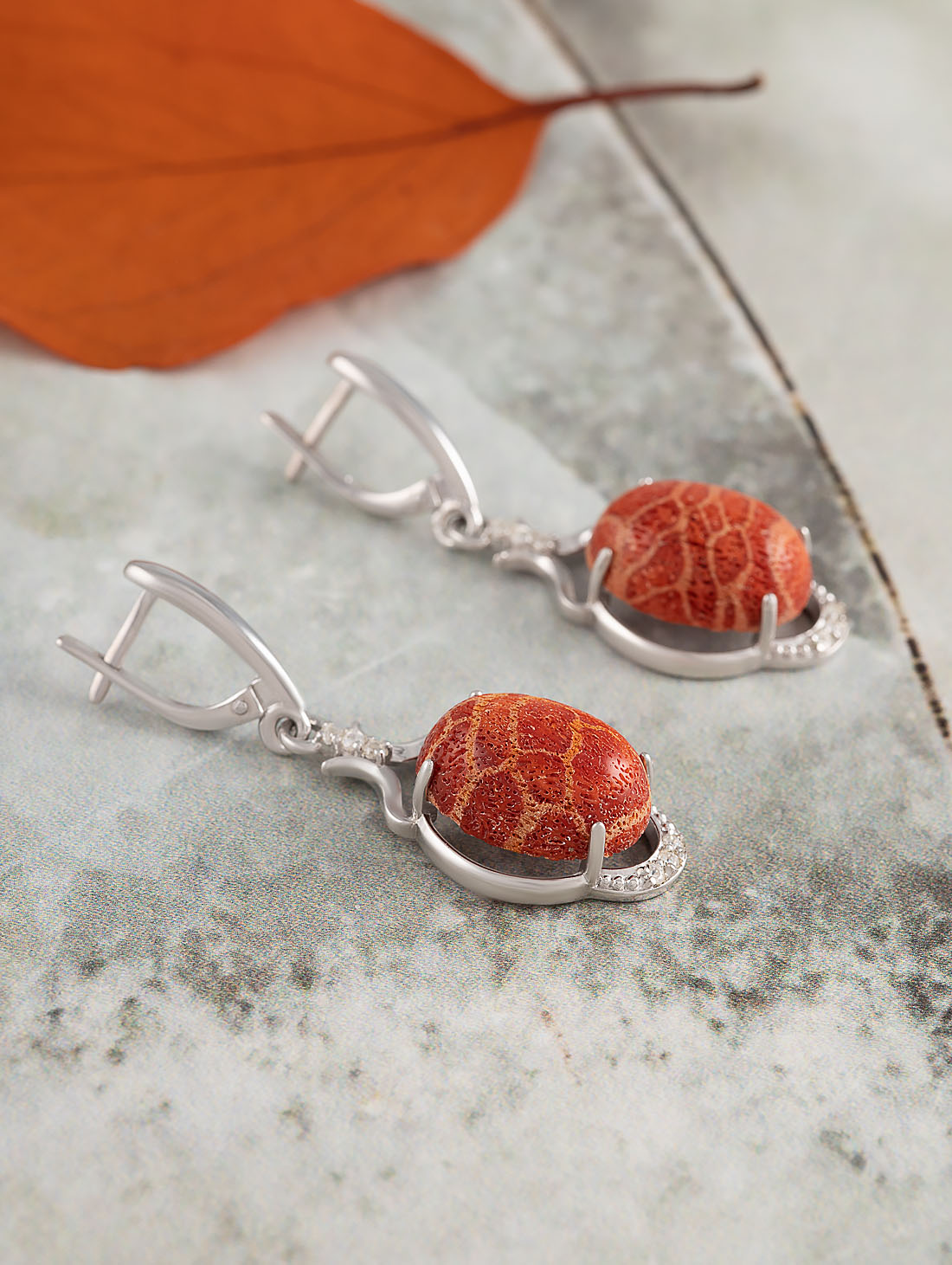 1552R Коралл Серьги (Ag 925)