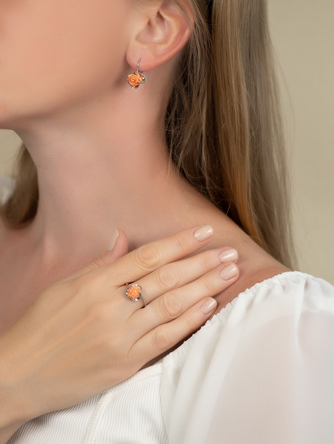 1274R Коралл узор Серьги (Ag 925)