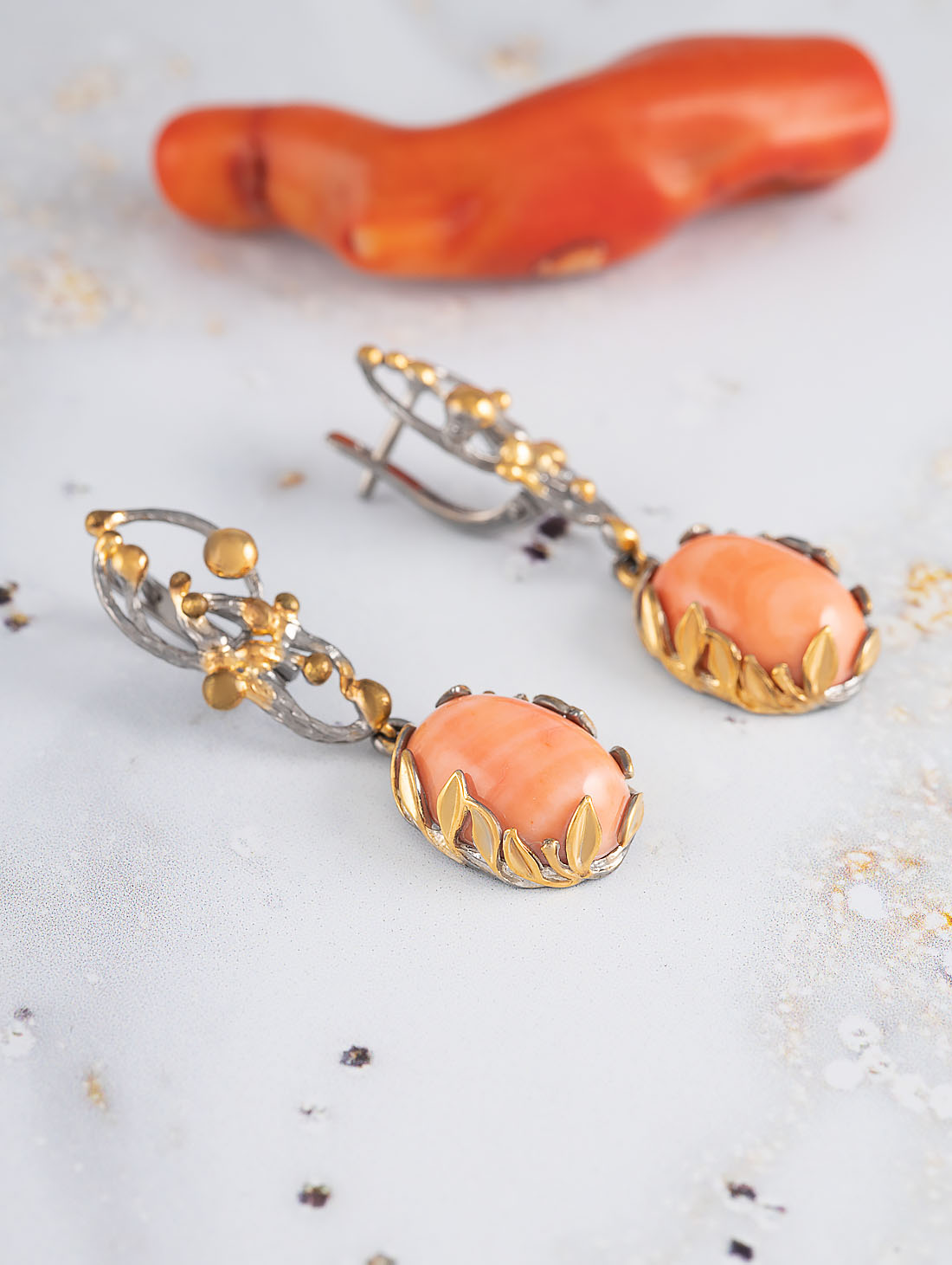 1593R Коралл оран Серьги (Ag 925)