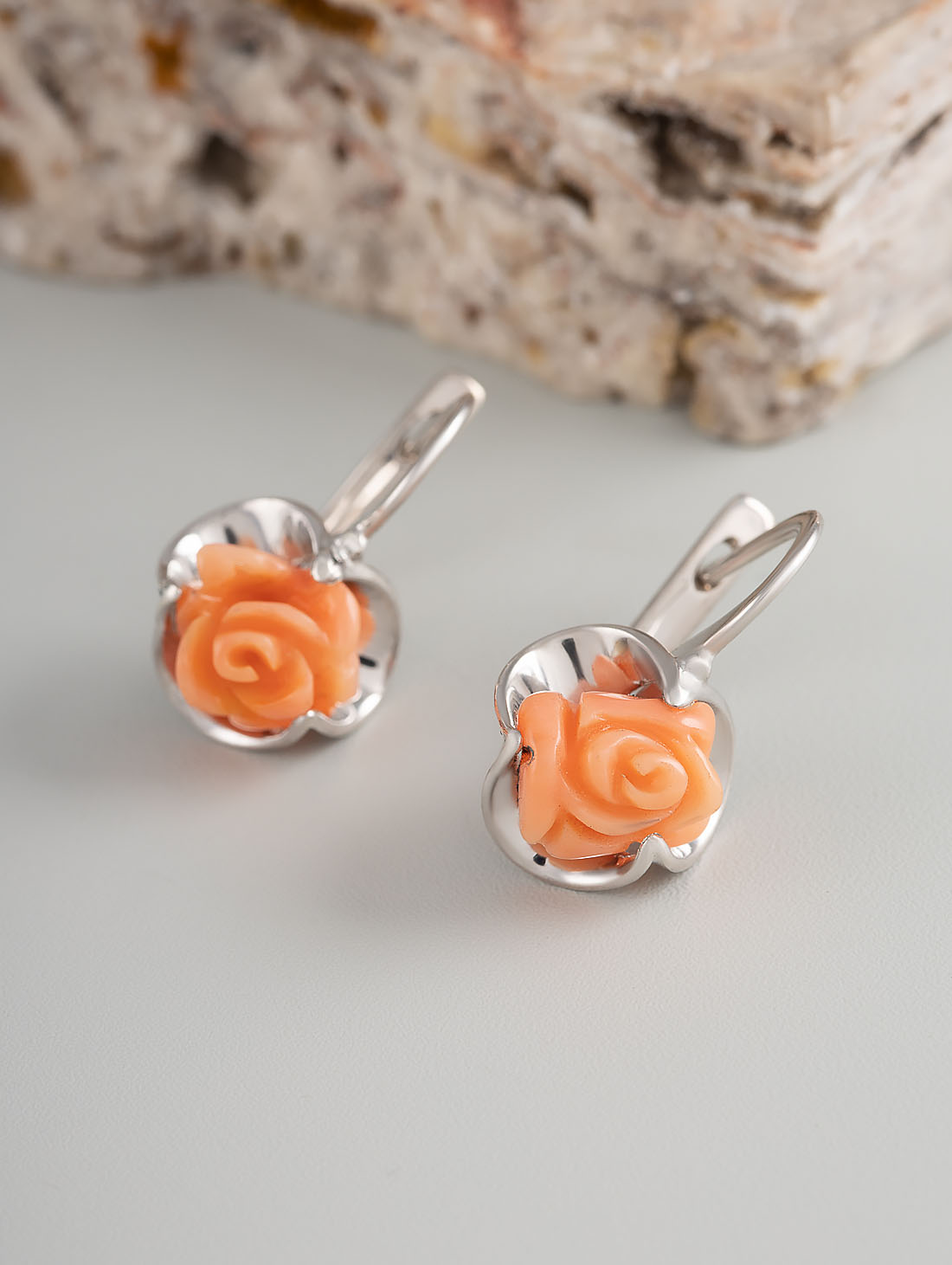 1274R Коралл узор Серьги (Ag 925)