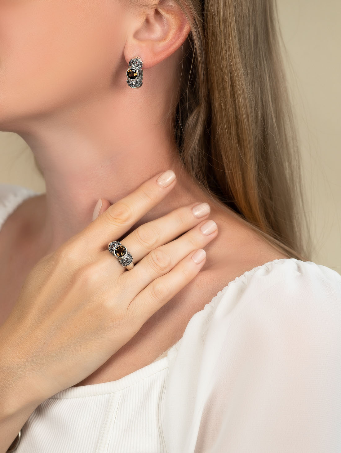 1227 Раухтопаз огр Серьги (Ag 925)